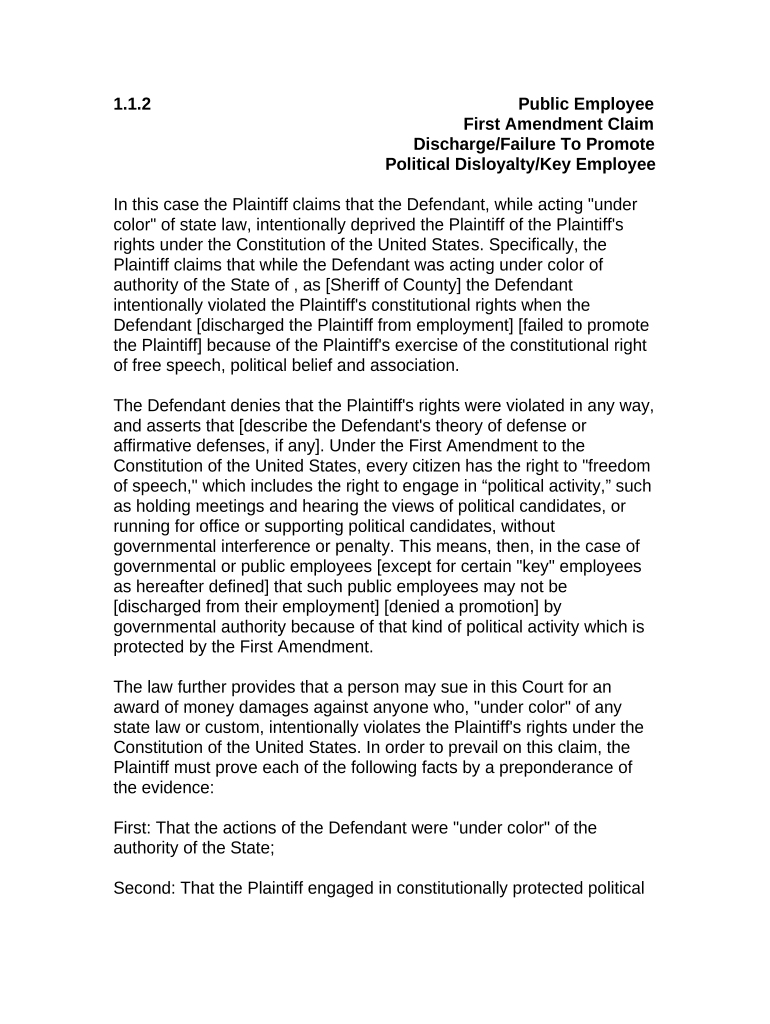 Jury Instruction - 1.1.2 Public Employee First Amendment Claim Discharge - Failure To Promote Political Disloyalty - Key Employee Preview on Page 1