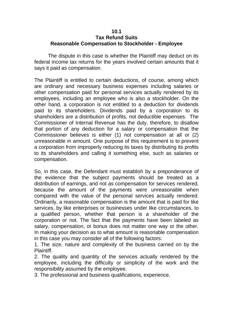 Jury Instruction - 10.10.1 Reasonable Compensation To Stockholder - Employee Preview on Page 1