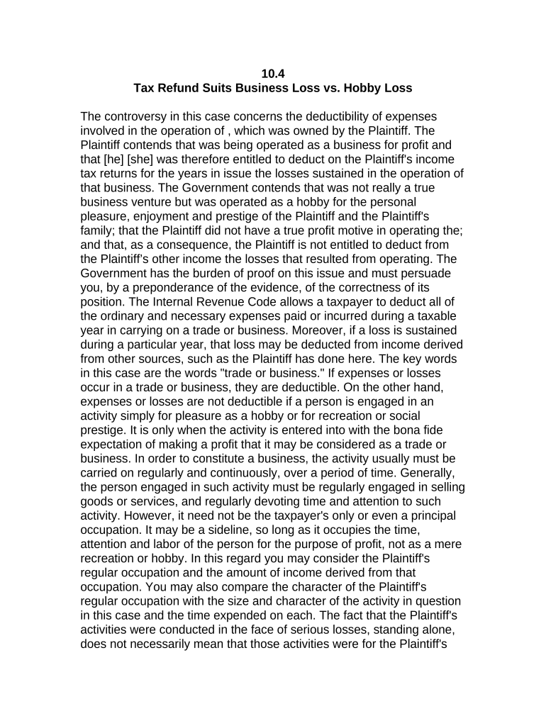 Jury Instruction - 10.10.4 Business Loss vs. Hobby Loss Preview on Page 1