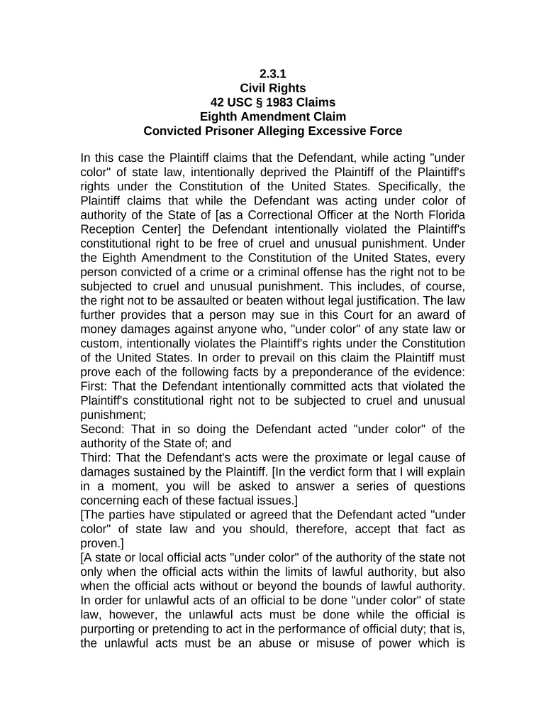 Jury Instruction - 2.2.3.1 Convicted Prisoner Alleging Excessive Force Preview on Page 1