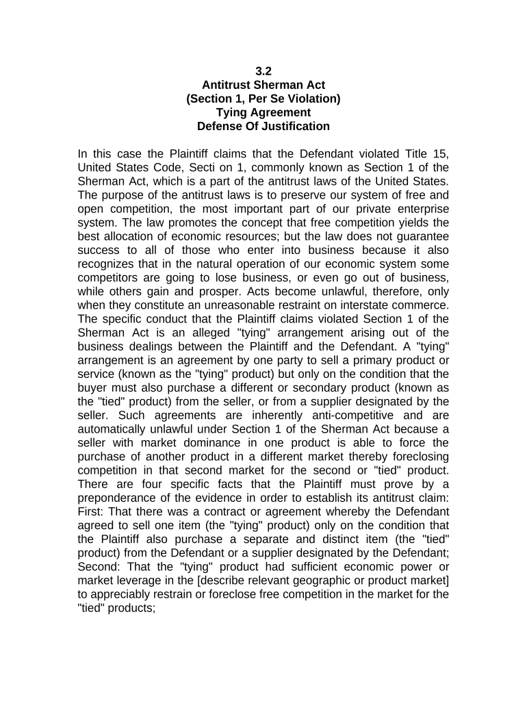 Jury Instruction - 3.3.2 Section 1, Per Se Violation Tying Agreement - Defense Of Justification Preview on Page 1
