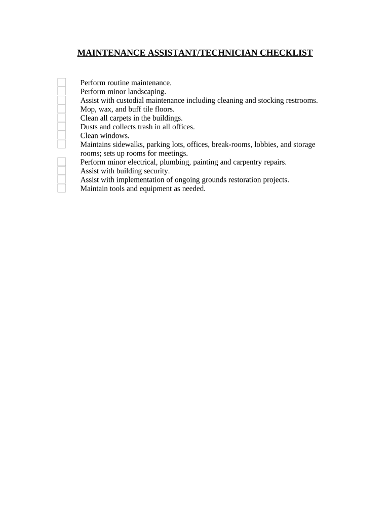 Maintenance Assistance - Technician Checklist Preview on Page 1