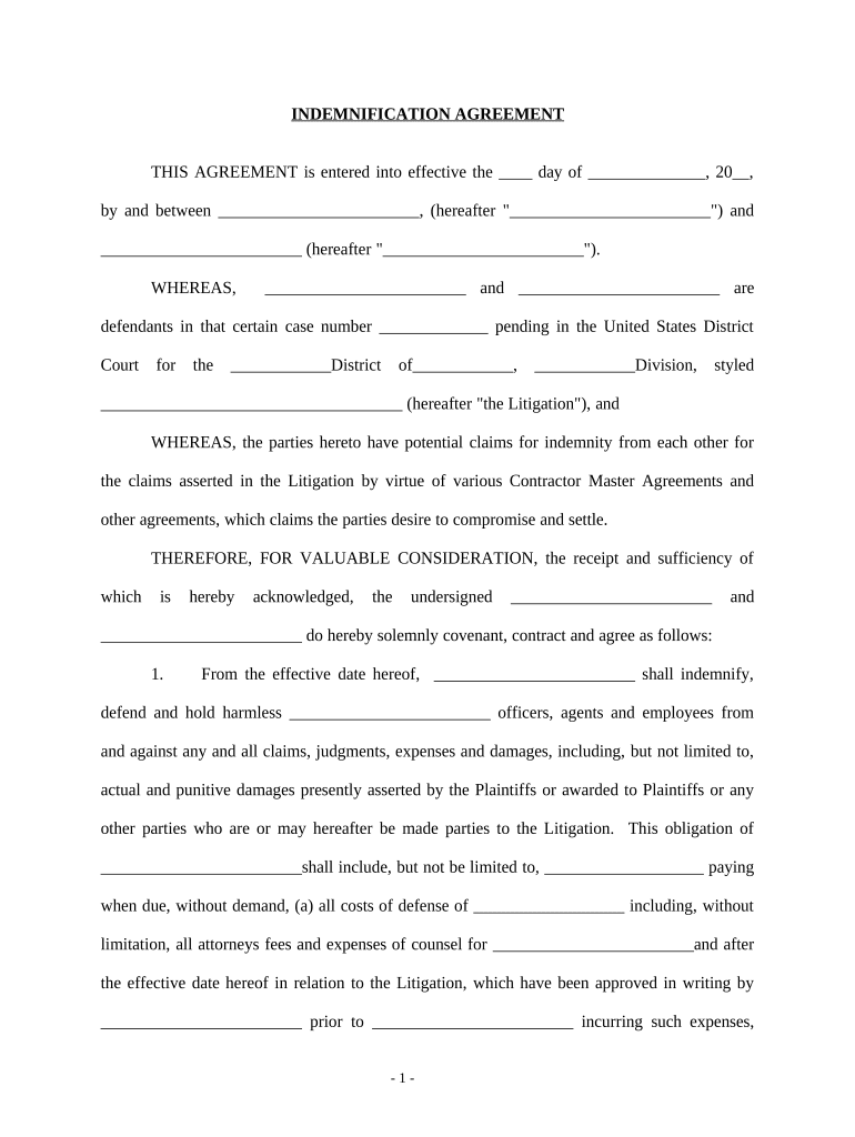 Indemnification Agreement for Litigation Preview on Page 1