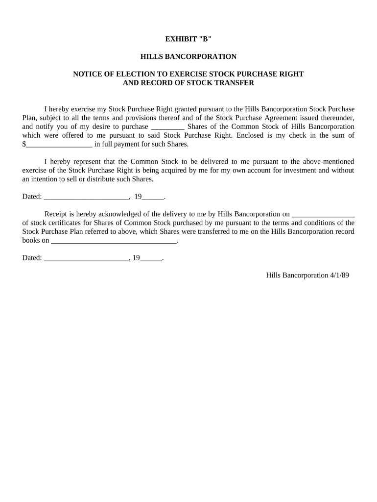 Notice of Election to Exercise Stock Purchase Right and Record of Stock