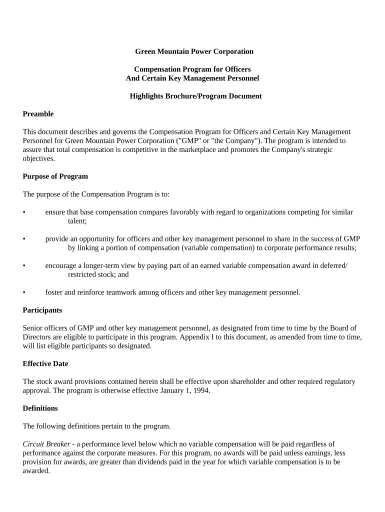 Compensation Program for Officers and Certain Key Management Personnel
