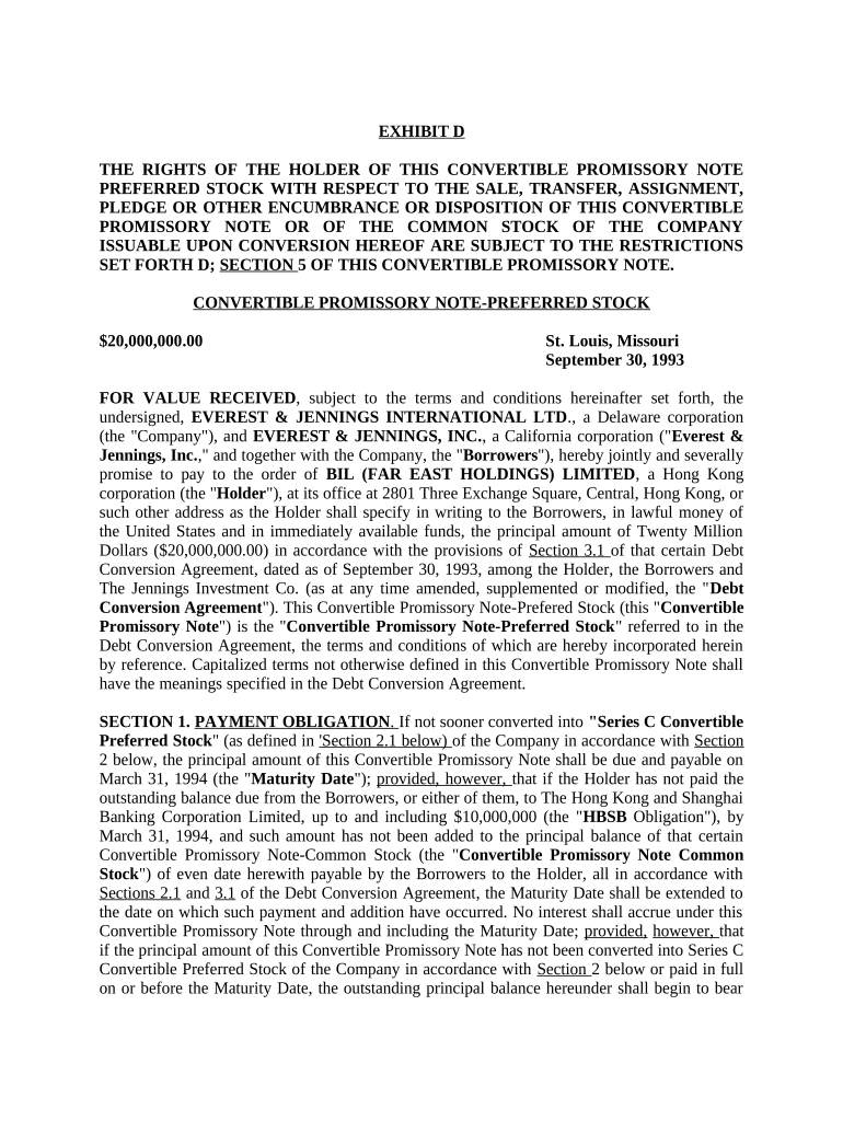 Form of Convertible Promissory Note, Preferred Stock Fill out & sign