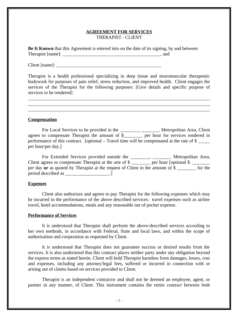 Services Contract - Therapist Preview on Page 1