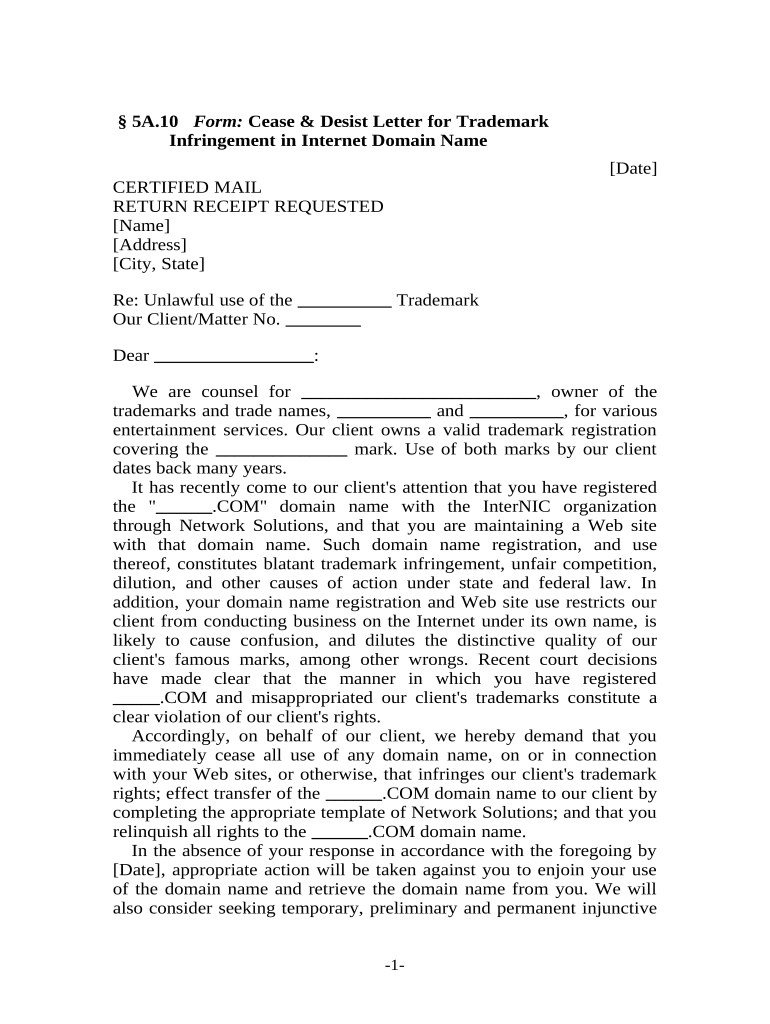 cease and desist letter trademark infringement Preview on Page 1