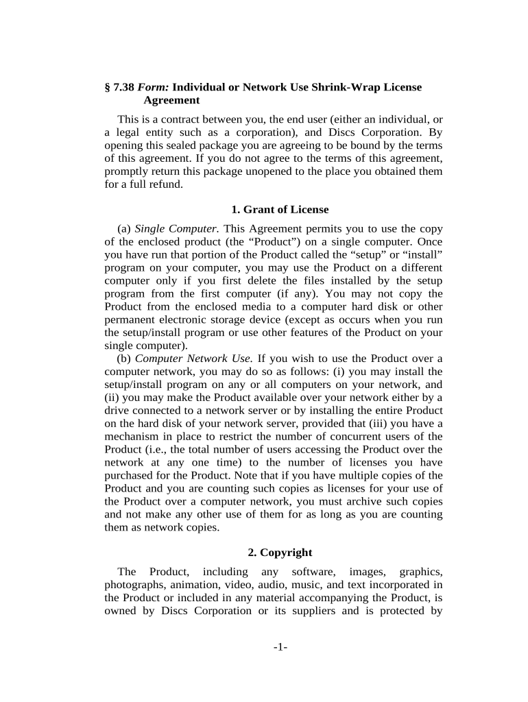 Individual or Network Use ShrinkWrap License Agreement Fill out