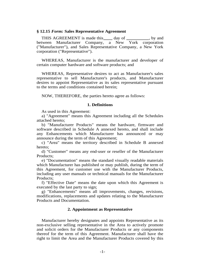 Sales Representative Agreement for manufacturer of computer hardware