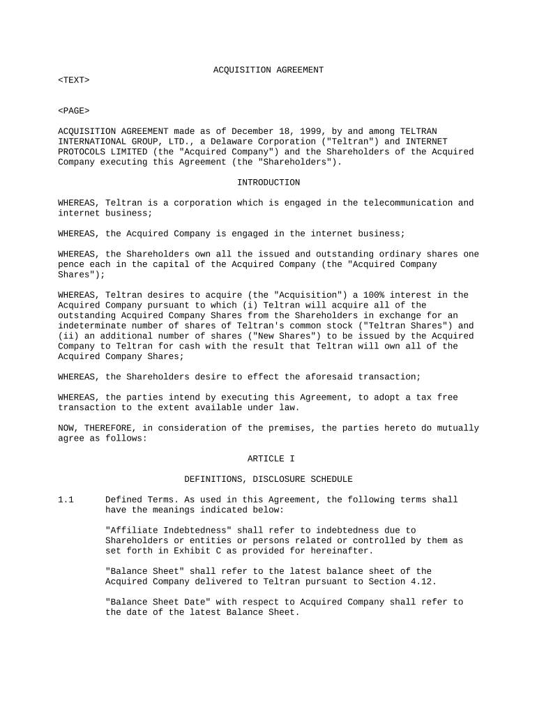 acquisition agreement Preview on Page 1