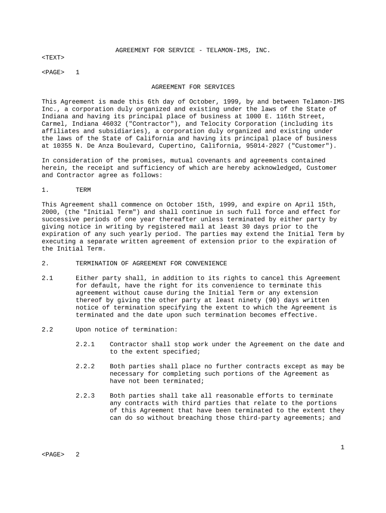 Services Agreement between Telamon-IMS, Inc. and Telocity Corporation Preview on Page 1