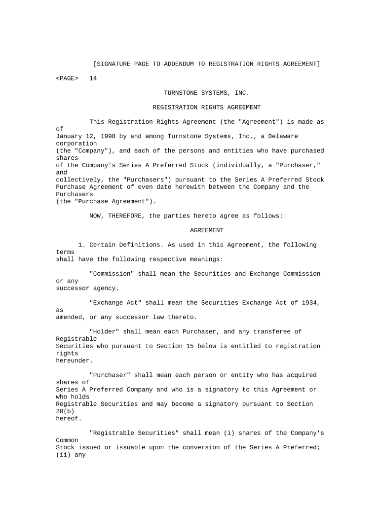 Registration Rights Agreement between Turnstone Systems, Inc. and purchaser Preview on Page 1