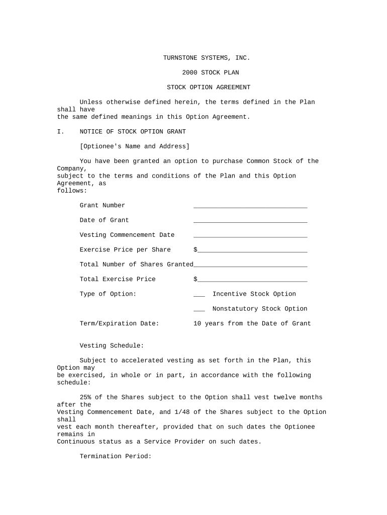 Stock Option Agreement of Turnstone Systems, Inc. Preview on Page 1