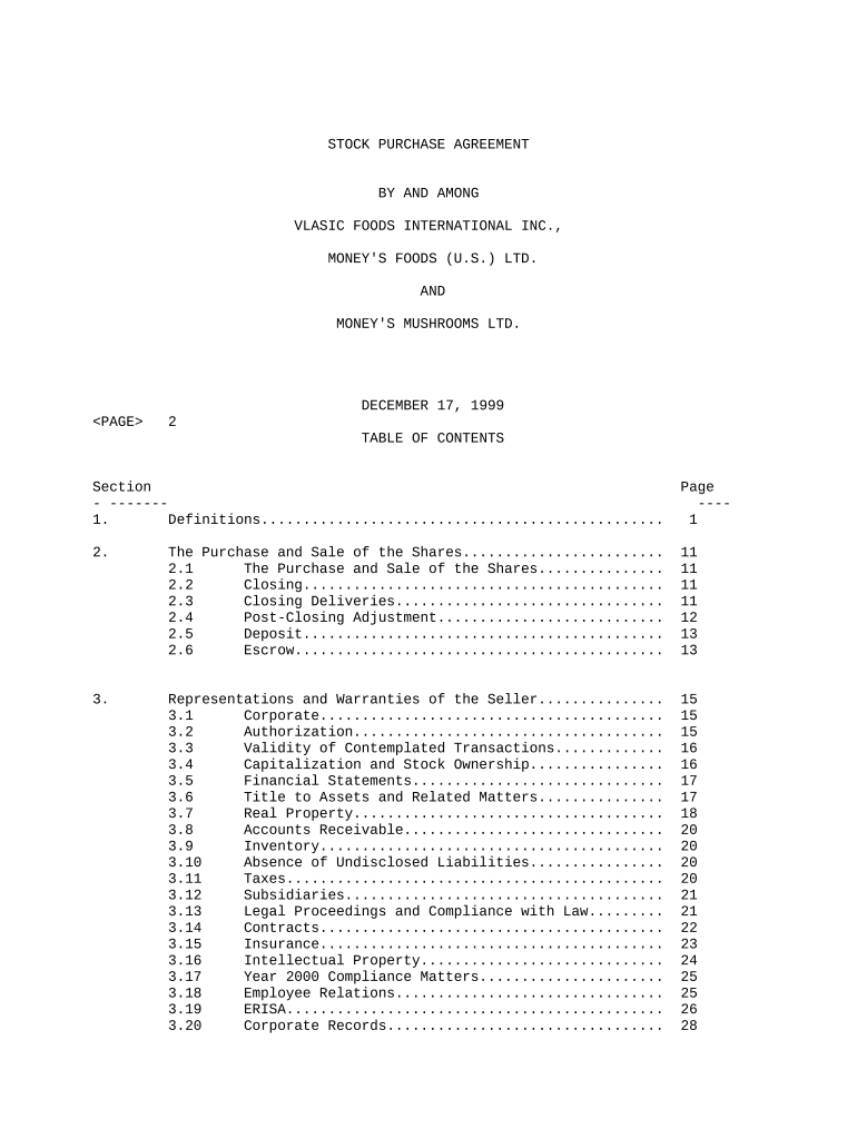 Sample Stock Purchase Agreement Agreement between Vlasic Foods International, Inc., Money's Foods (U.S.) Ltd., and Money's Mushrooms, Ltd. Preview on Page 1