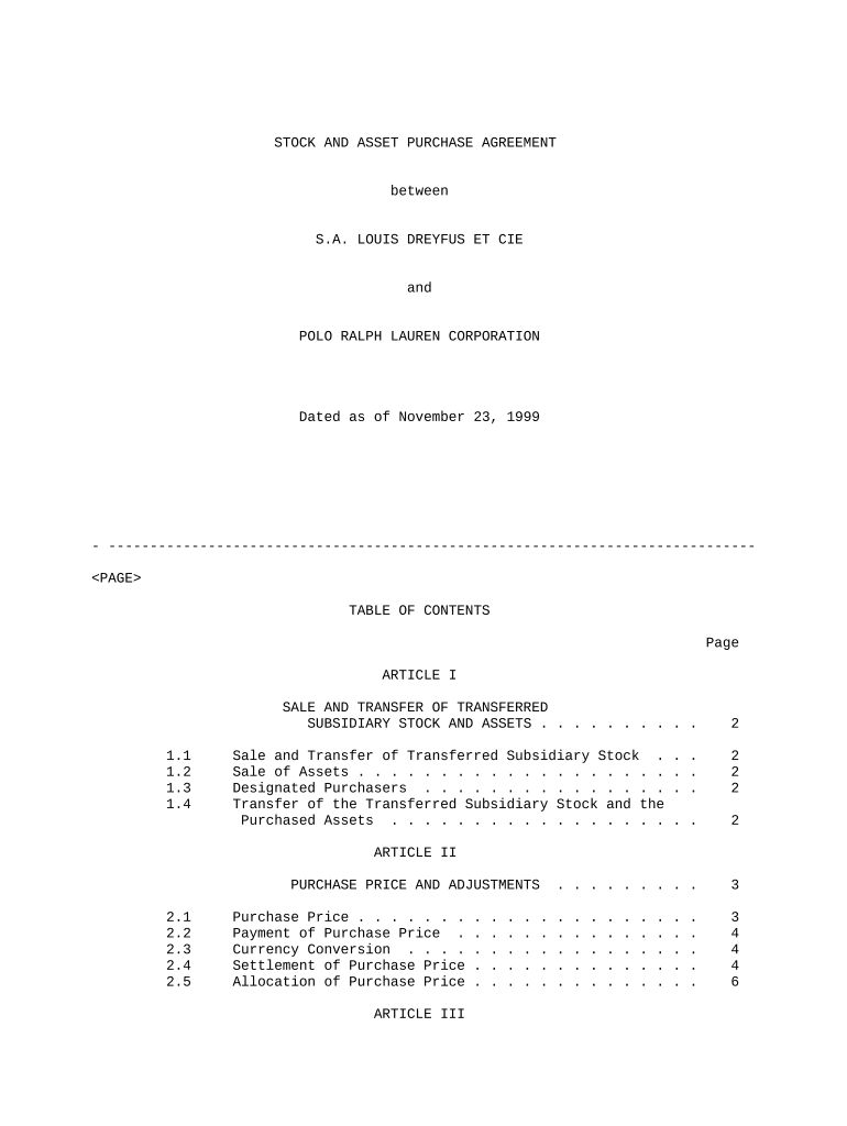 Sample Stock Purchase Agreement between S.A. Louis Dreyfus Et CIE and Polo Ralph Lauren Corporation Preview on Page 1