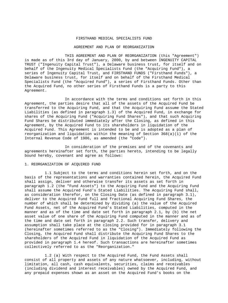 Plan of Reorganization between Ingenuity Capital Trust and Firsthand Funds Preview on Page 1