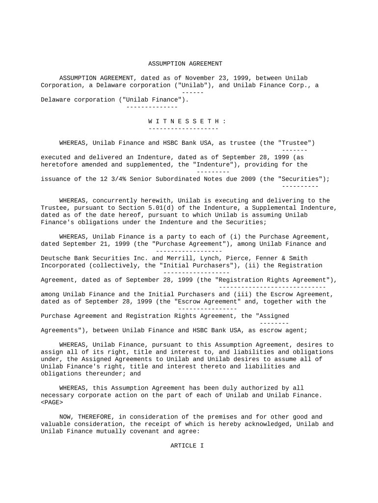 Assumption Agreement between Unilab Corporation and Unilab Finance Corporation Preview on Page 1