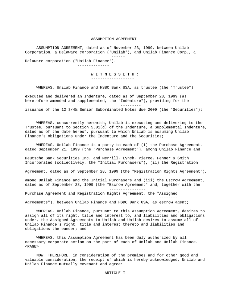 Assumption Agreement between Unilab Corporation and Unilab Finance Corporation Preview on Page 1.