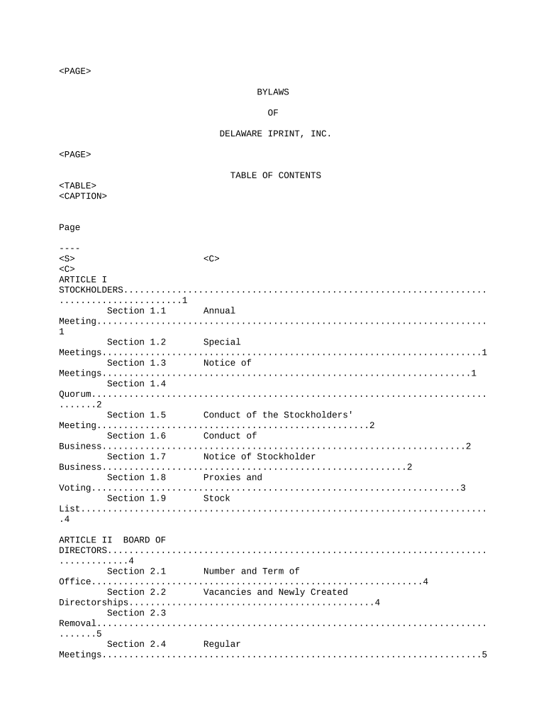 delaware bylaws template Preview on Page 1