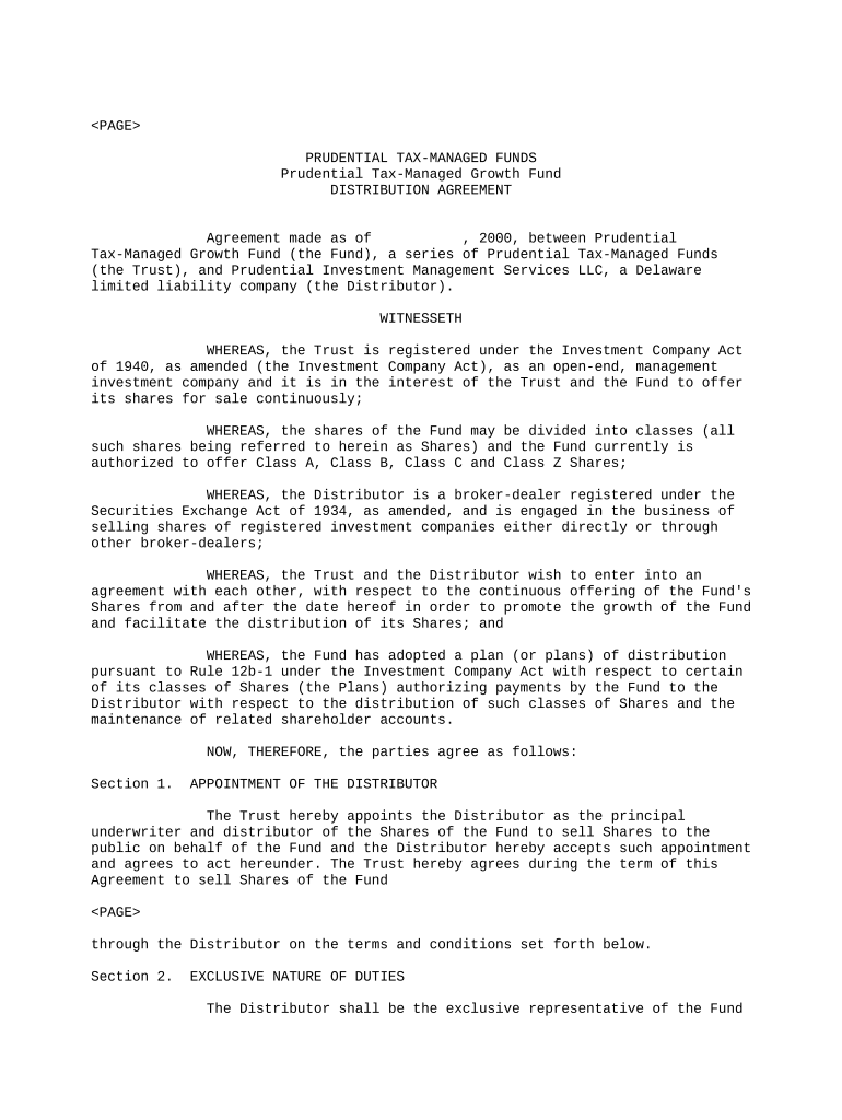 Distribution Agreement regarding the continuous offering of the Fund's shares Preview on Page 1