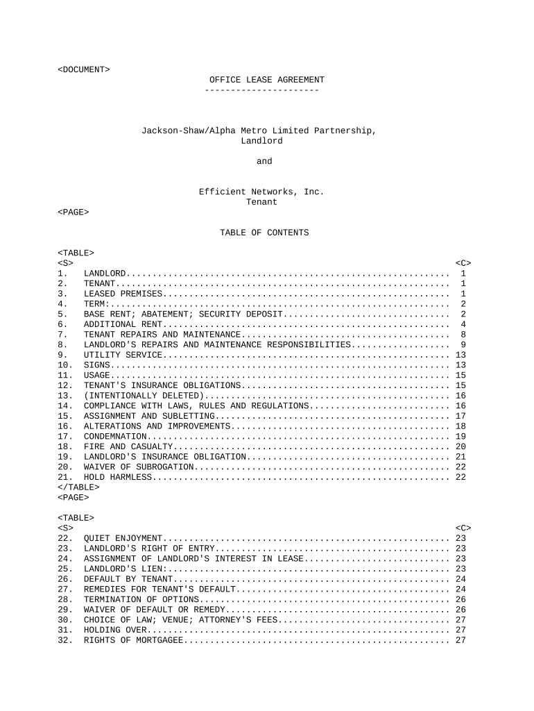 Lease Agreement Jackson Shawn Alpha Metro Limited Partnership and Efficient Networks, Inc. Preview on Page 1