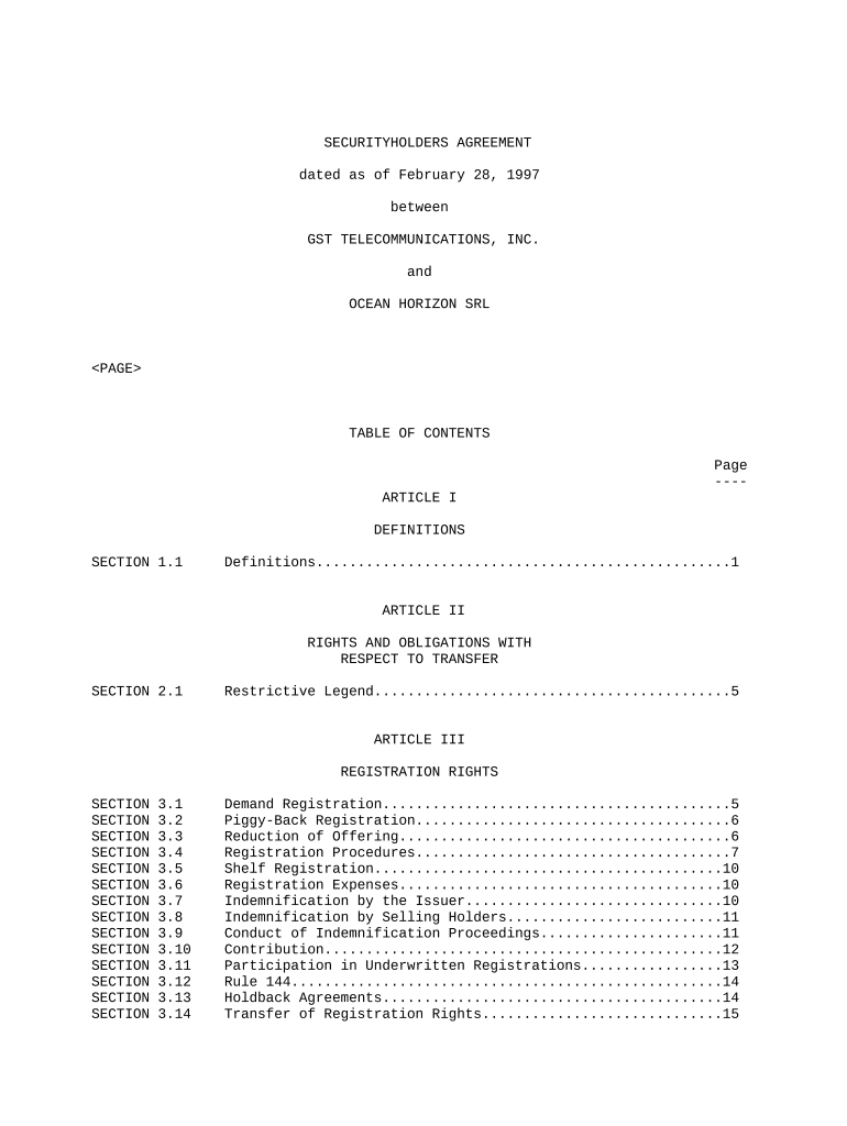 Securityholders Agreement between GST Telecommunications, Inc. and Ocean Horizon, SRL Preview on Page 1