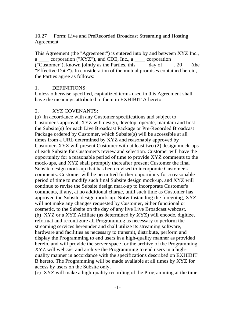 Form Live and PreRecorded Broadcast Streaming and Hosting Agreement
