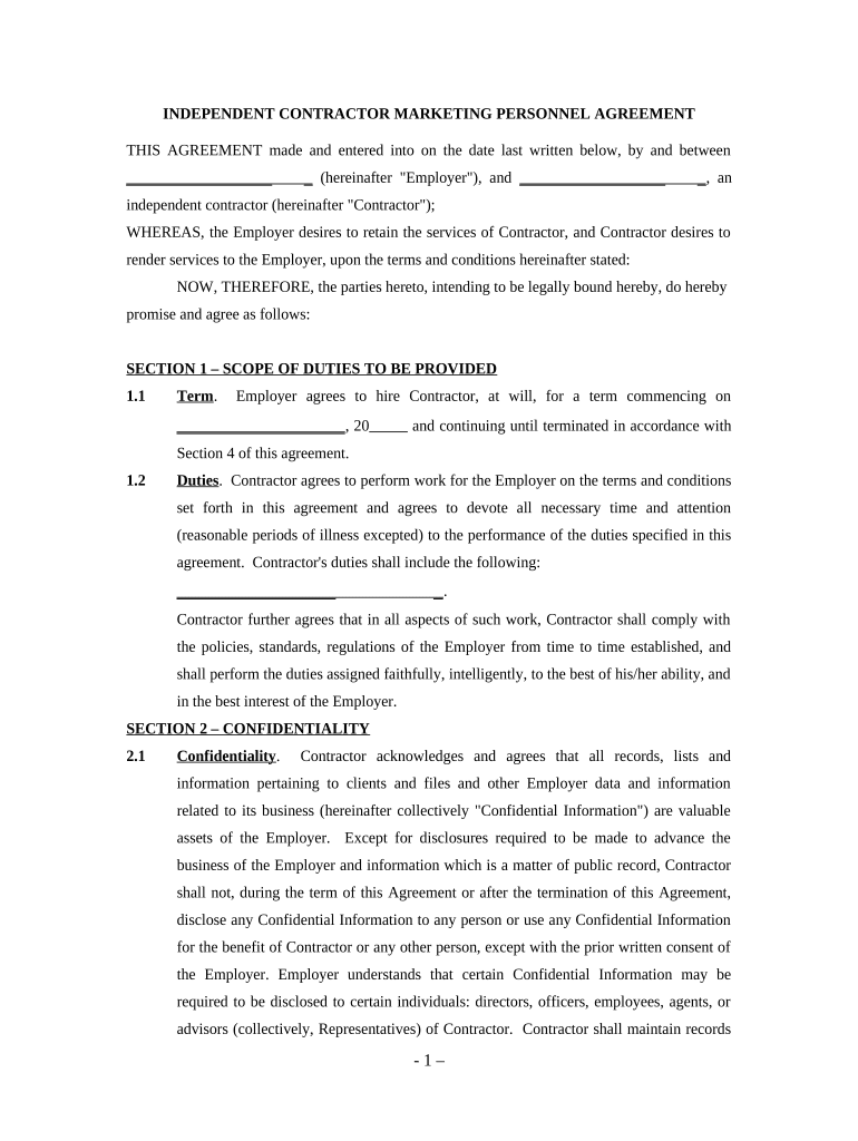 Marketing Personnel Agreement - Self-Employed Independent Contractor Preview on Page 1