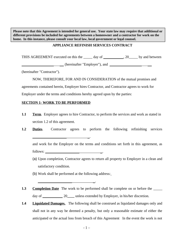 Appliance Refinish Services Contract - Self-Employed Preview on Page 1