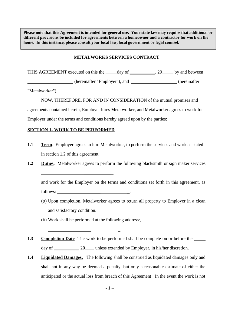 Metal Works Services Contract - Self-Employed Preview on Page 1