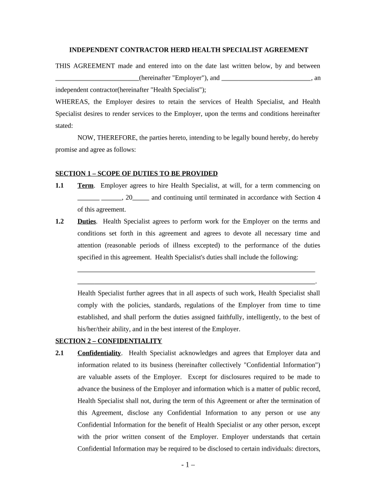 Herd Health Specialist Agreement - Self-Employed Independent Contractor Preview on Page 1