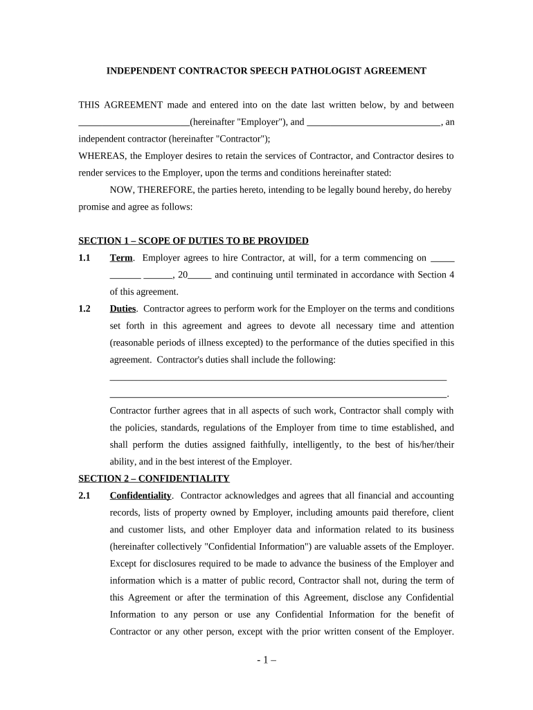 speech pathologist independent contractor agreement Preview on Page 1.