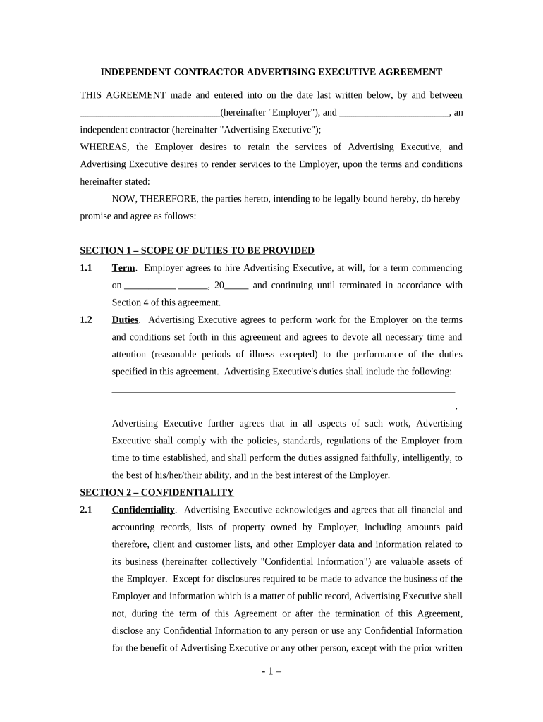 Advertising Executive Agreement - Self-Employed Independent Contractor Preview on Page 1