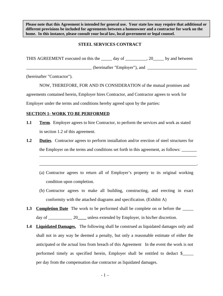 Self-Employed Steel Services Contract Preview on Page 1