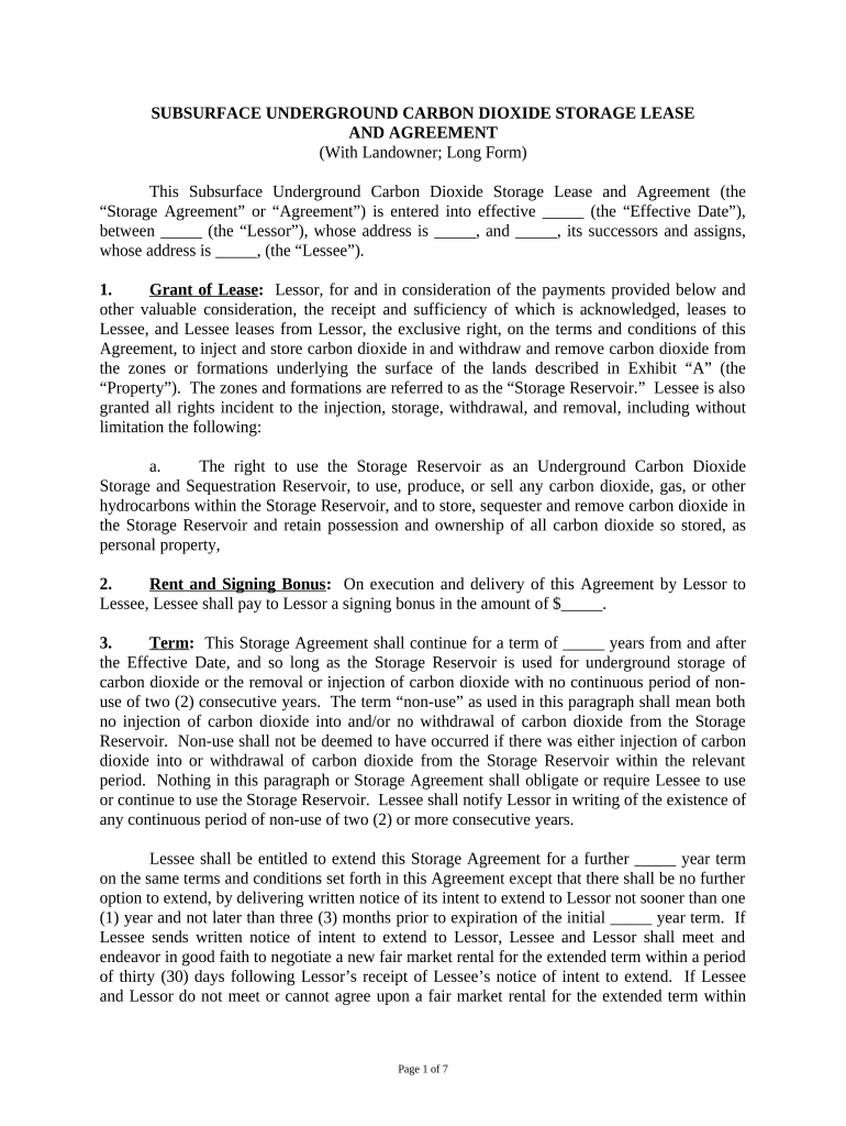 Subsurface Underground Carbon Dioxide Storage Lease and Agreement (with