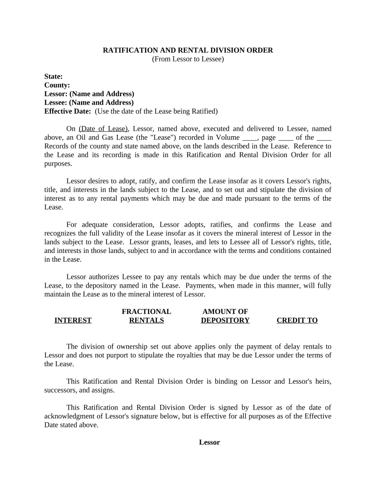Ratification and Rental Division Order from Lessor to Lessee Fill out