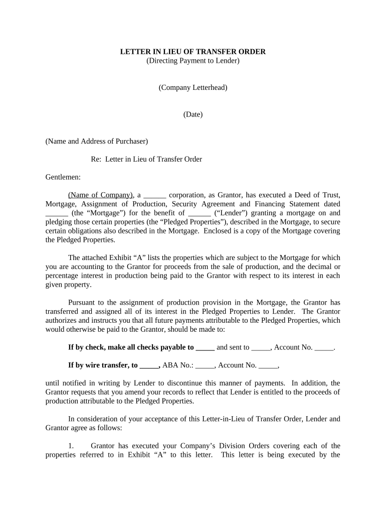 Letter in Lieu of Transfer Order Directing Payment to Lender Preview on Page 1.