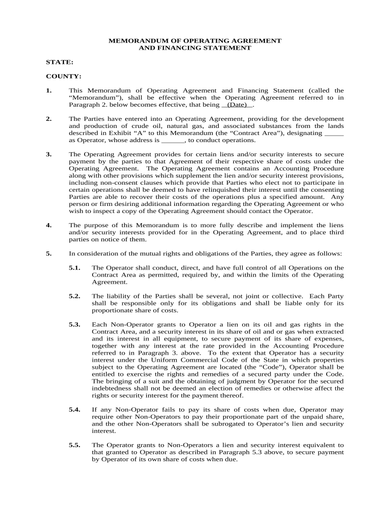 Memorandum of Operating Agreement and Financing Statement Preview on Page 1