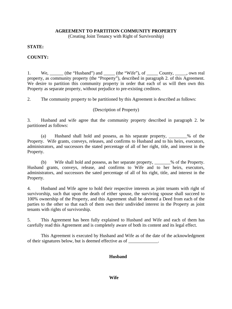 Agreement to Partition Community Property (Creating Joint Tenancy with