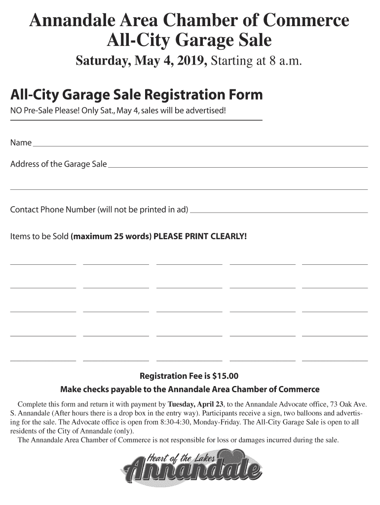 Fillable Online Garage Sale Form 2019Layout 1 Annandale Chamber Fax