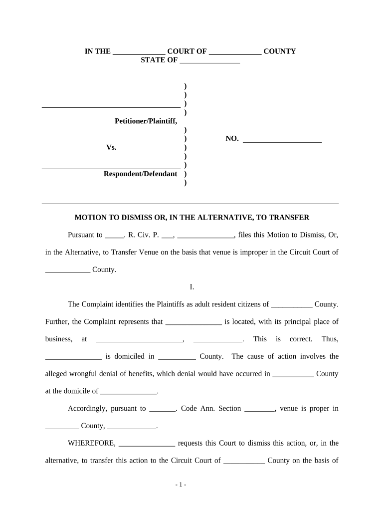 Motion to Dismiss or Transfer - Civil Trial Preview on Page 1.