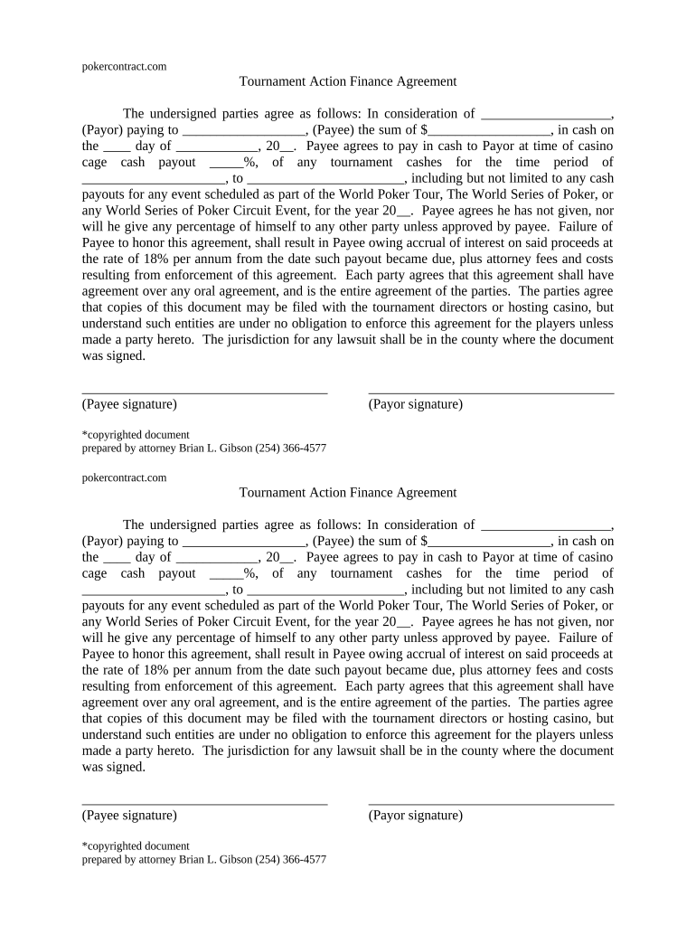 Tournament Action Finance Agreement Preview on Page 1