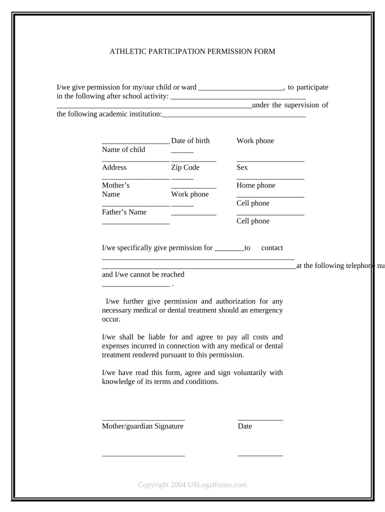 Athletic Participation Permission Form Preview on Page 1