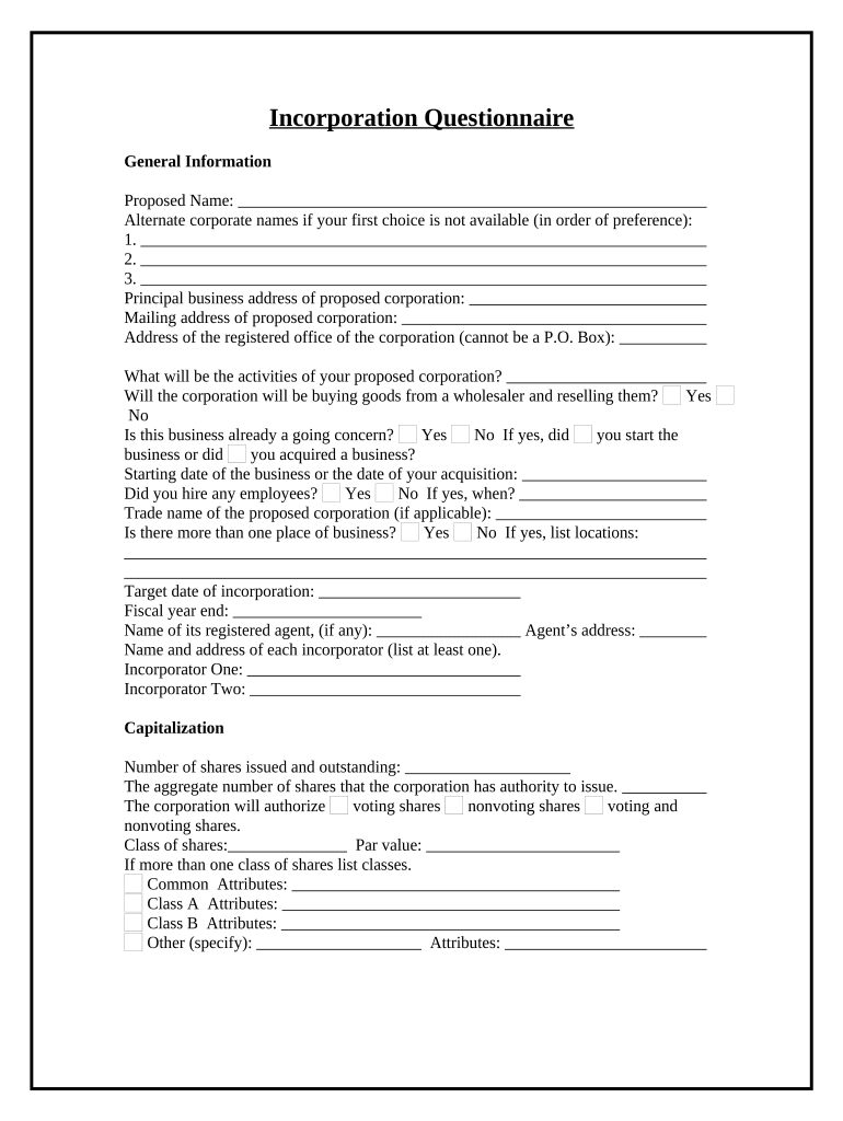 incorporation questionnaire Preview on Page 1