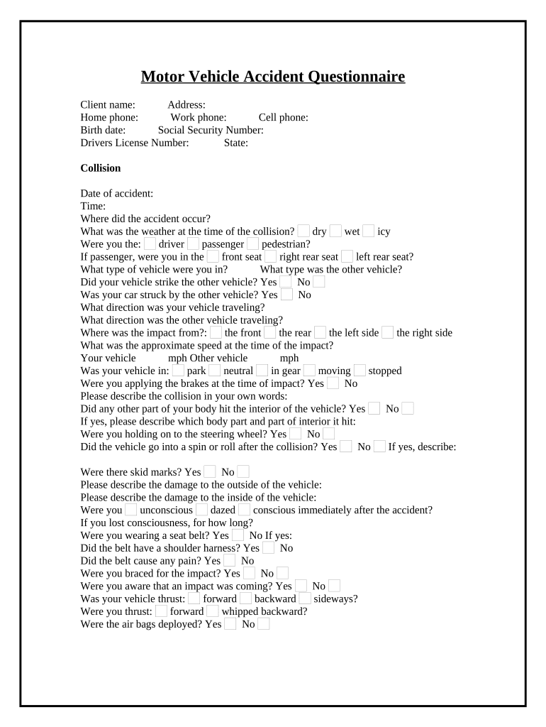 motor vehicle accident questionnaire form Preview on Page 1.