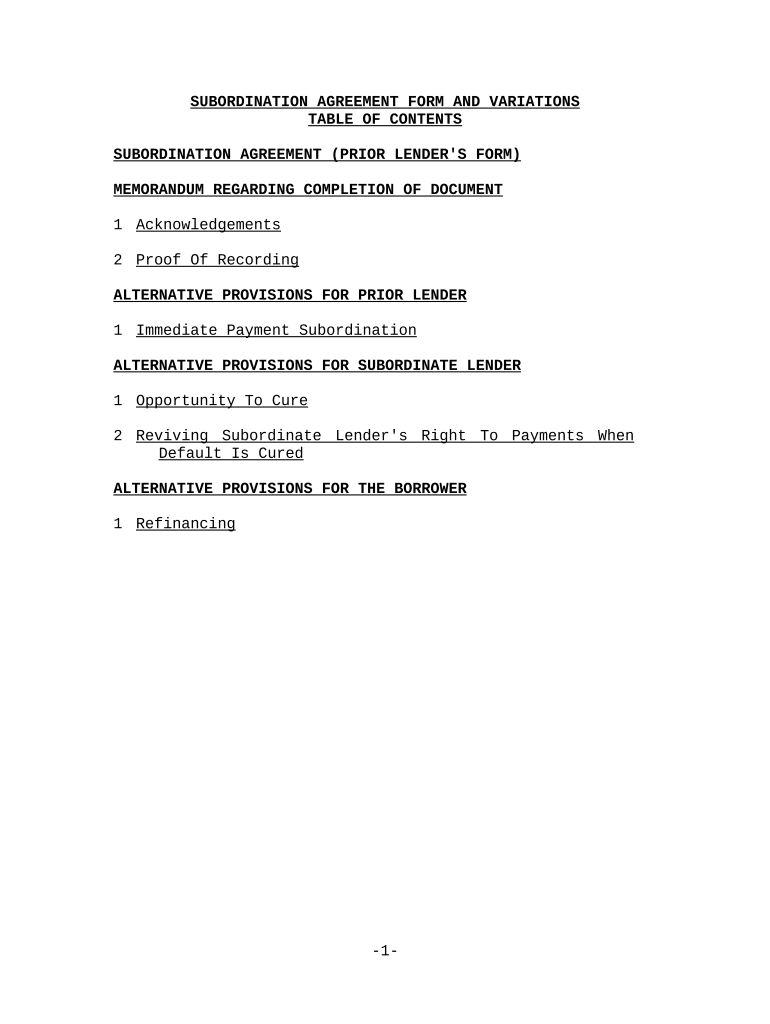 Subordination Agreement Form and Variations Preview on Page 1