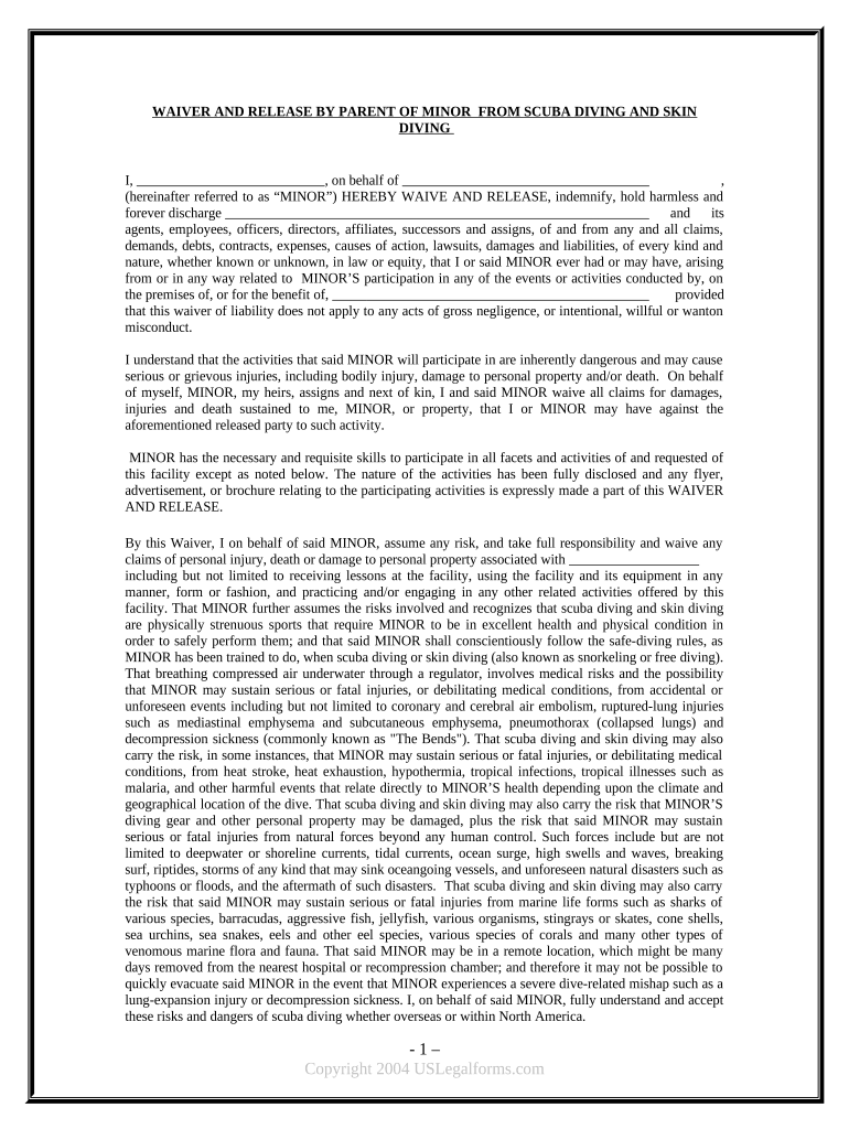 Waiver and Release From Liability For Minor Child for Scuba Diving and Skin Diving Preview on Page 1