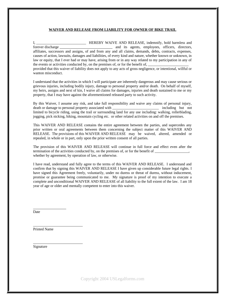 bike waiver form Preview on Page 1