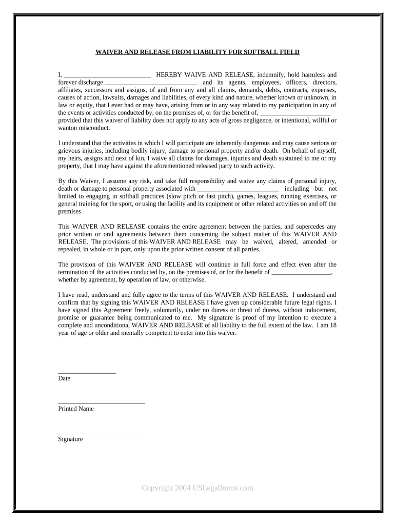 softball waiver form Preview on Page 1